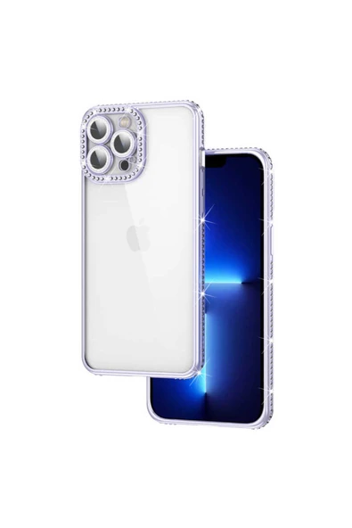 Iphone 12 Pro Max Kılıf Kamera Korumalı Kenarları Renkli Taşlı Parlak Silikon Kapak (MİNA) - Resim 2