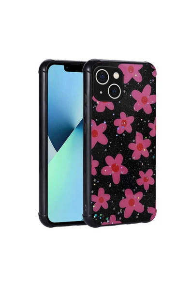 Iphone 13 Kılıf Simli Desenli Köşe Kamera Korumalı Darbe Emici Silikon Kapak (POPY) - 2