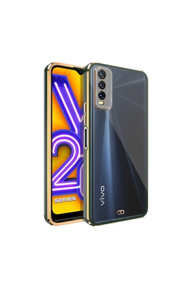 Vivo Y11S Kılıf Parlak Kenarlı Altın İşlemeli Kamera Korumalı Kapak (Voit c.)