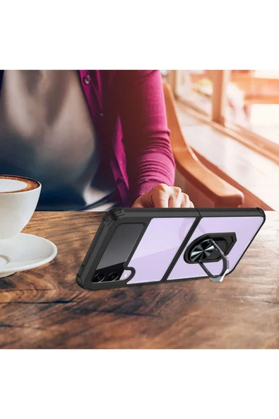 Samsung Galaxy Z Flip 3 Kılıf Arkası Şeffaf Kenarları Renkli Yüzüklü Tank Kapak (mola) - Resim 5