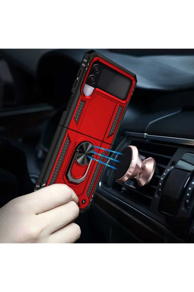 Samsung Galaxy Z Flip 3 Kılıf Tank Zırh Yüzüklü Mıknatıslı Standlı Kapak (vega) - Resim 5