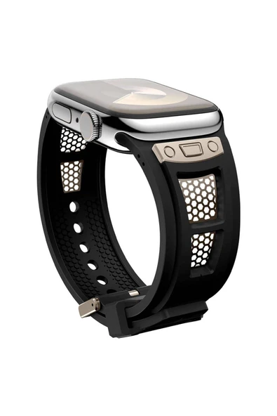 Apple Watch 7 45mm KRD-117 Hava Alabilen Delikli Metal Süslemeli Desenli Silikon Kordon - 5