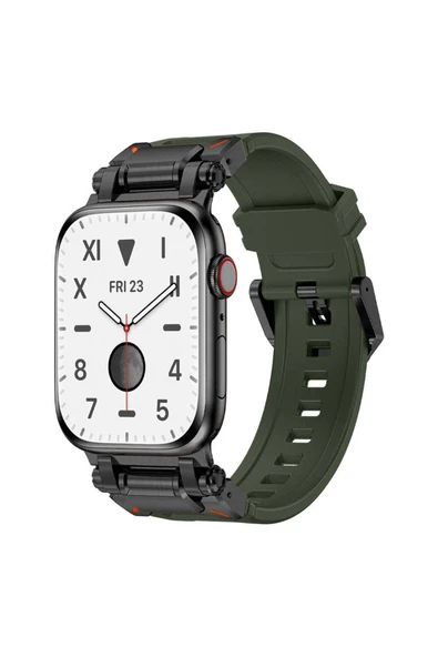Apple Watch 7 45mm CLO- KRD-101 Titanyum Metal Başlıklı Silikon Kordon-Siyah-Yeşil