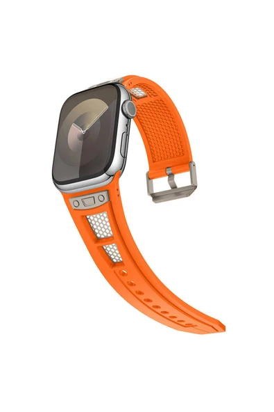 Apple Watch 7 45mm KRD-117 Hava Alabilen Delikli Metal Süslemeli Desenli Silikon Kordon - 4