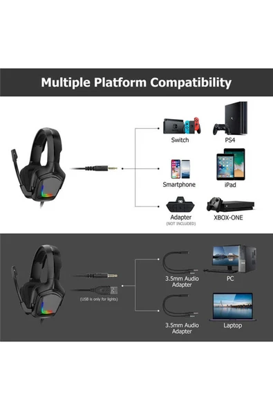 Hafif Portatif Kolayca Katlanıp Taşınabilir Dizayn Kulaklık (Onikuma K20 RGB Oyuncu Kulaklığı 3.5mm) - 4