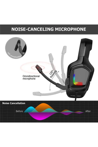 Hafif Portatif Kolayca Katlanıp Taşınabilir Dizayn Kulaklık (Onikuma K20 RGB Oyuncu Kulaklığı 3.5mm) - 5