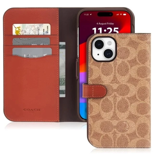 Coach iPhone 15 Plus Kılıf Taba Rengi Tan Wallet