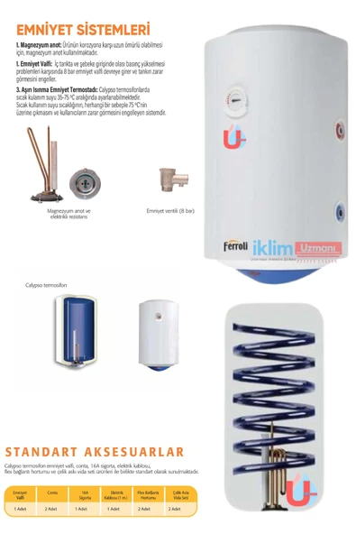 Ferroli CALYPSO Silindirik 100 Litre Elektrikli Termosifon CLYPS-100 (Montaj Hariç) - 4