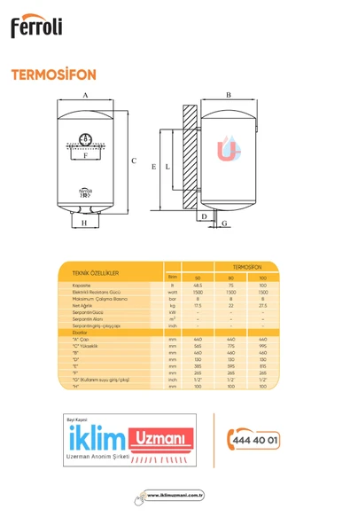 Ferroli CALYPSO Silindirik 100 Litre Elektrikli Termosifon CLYPS-100 (Montaj Hariç) - 5