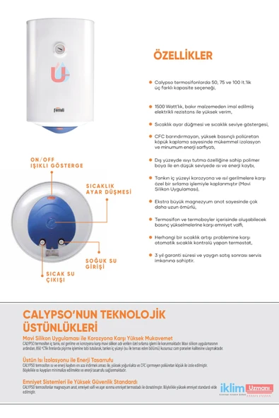 Ferroli CALYPSO Silindirik 80 Litre Elektrikli Termosifon CLYPS-80 (Montaj Hariç) - 3