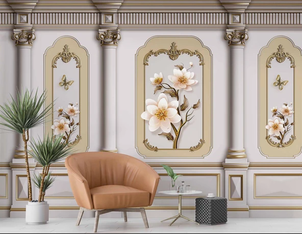 3 Boyutlu Saray Sütun Çiçek Motifli Duvar Kağıdı - 6
