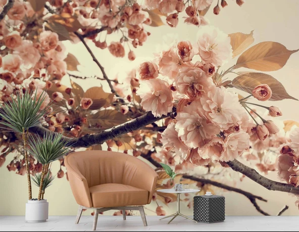 Soft Pembe Çiçek ve Dal Desenli Duvar Kağıdı - 6