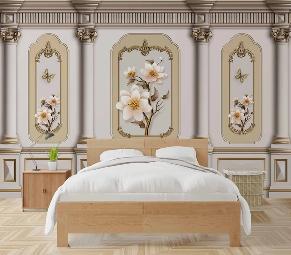 3 Boyutlu Saray Sütun Çiçek Motifli Duvar Kağıdı - 2