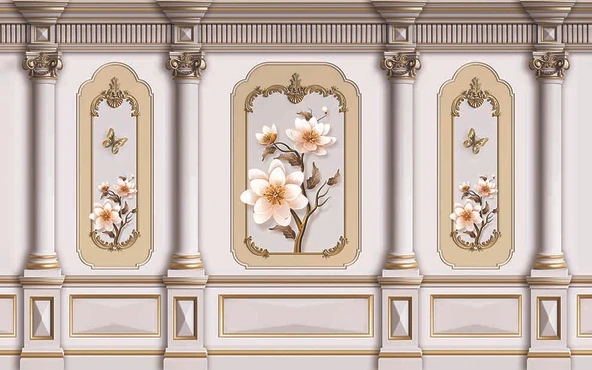 3 Boyutlu Saray Sütun Çiçek Motifli Duvar Kağıdı - 7