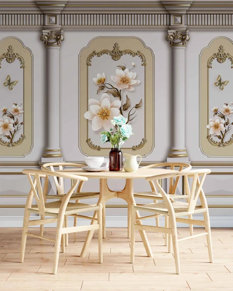 3 Boyutlu Saray Sütun Çiçek Motifli Duvar Kağıdı - 5