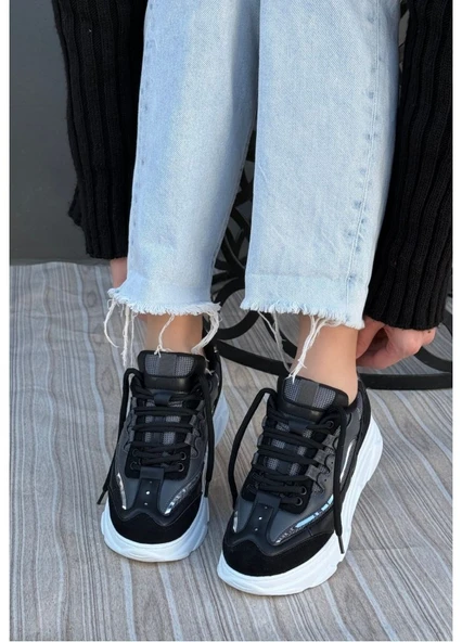 Siyah Renk, Süet, Gri Detaylı, Hafif, Ortapedik Taban, Kadın Spor, Yüksek Taban Ayakkabı, Sneaker Tarzkea - 2