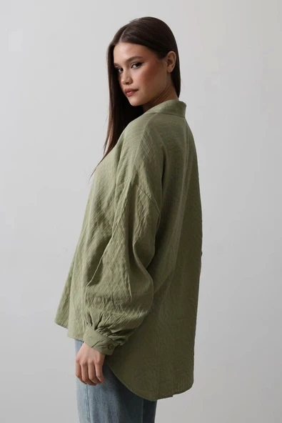 Çizgili Uzun Kol Gömlek - Haki - Resim 2