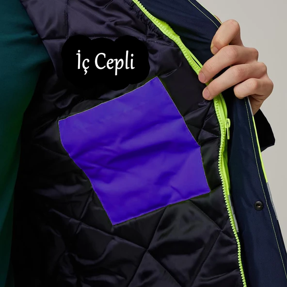 Cepli Reflektif S Beden Fosforlu Fermuarlı Kaban Kapüşonlu Parka Sarı Lacivert Kaban İşçi Parkası - 6