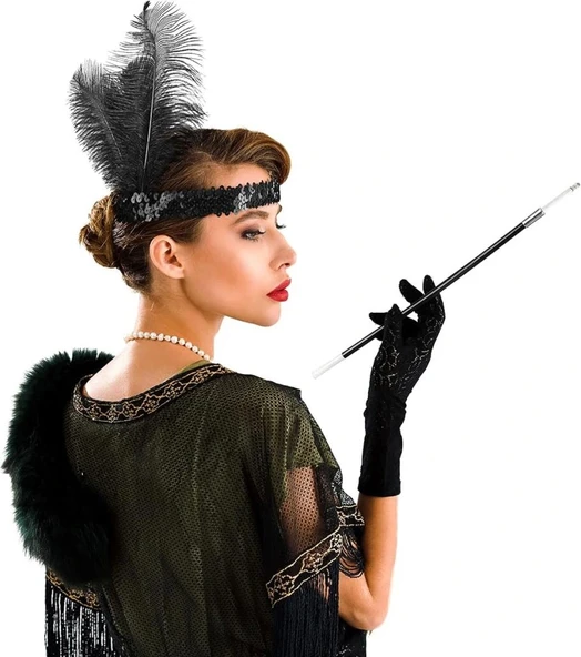 Nessiworld 1920'ler Gatsby Aksesuar Seti – Siyah Charleston Saç Bandı & Sigaralık