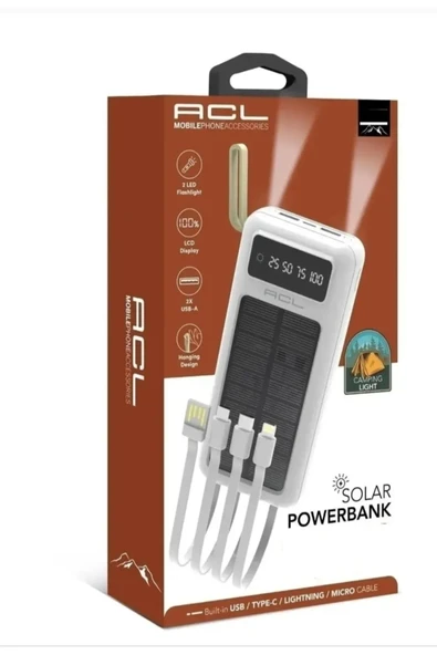 Acl Solar, Led Fenerli Lcd Gösterge Dahili Mikro, Type-C, Lightning PW-60