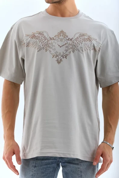 Unisex Oversize Taşlı Bisiklet Yaka T-Shirt - Gri - Resim 2