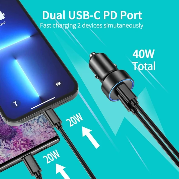USB araç içi şarj cihazı siyah 12V-24V araç adaptörü mobil telefon tablet USB-C 2A 40W yüksek ikili Hızlı şarj M2 TEC - 2