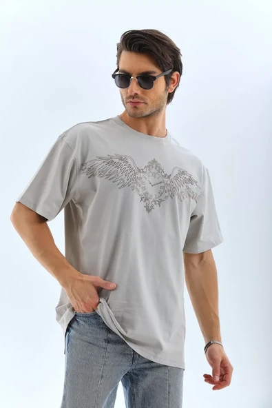 Unisex Oversize Taşlı Bisiklet Yaka T-Shirt - Gri - Resim 4