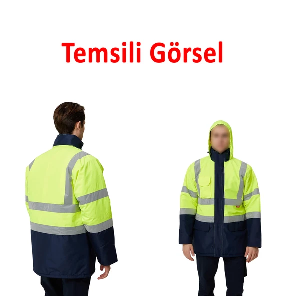 Cepli Reflektif XL Beden Fosforlu Fermuarlı Kaban Kapüşonlu Parka Sarı Lacivert Kaban İşçi Parkası - 3