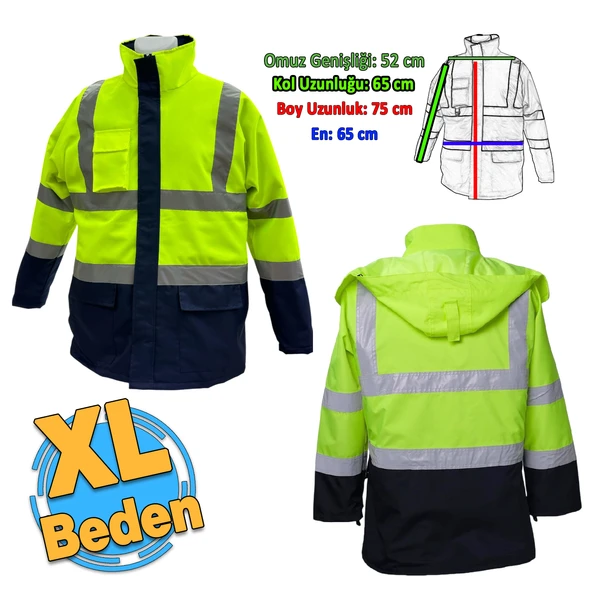 Cepli Reflektif XL Beden Fosforlu Fermuarlı Kaban Kapüşonlu Parka Sarı Lacivert Kaban İşçi Parkası
