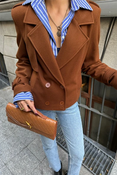 KAŞE CROP CEKET 4 DÜĞME - Kahverengi
