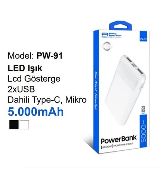 Acl LED Işıklı Lcd Göstergeli 2xUSB Dahili Type-C, Mikro PW-91
