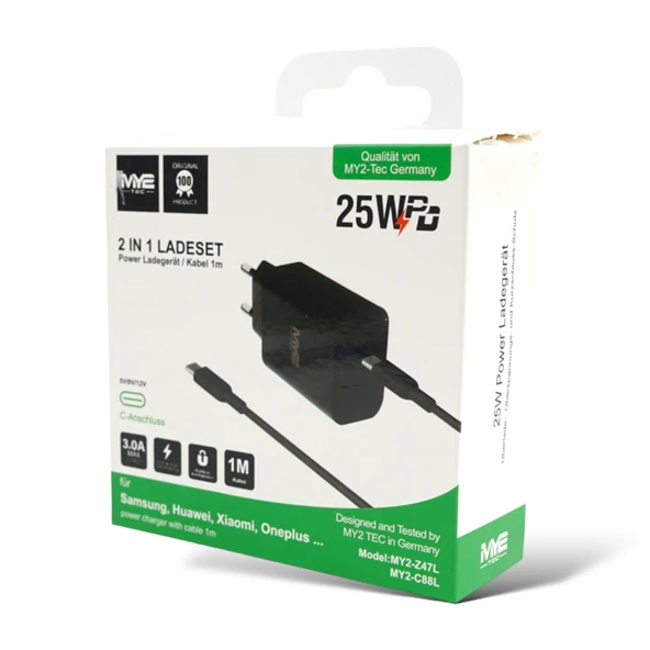 MY2 Tec 2'si 1 arada şarj seti IPhone 15 Samsung Huawei Xiaomi Oneplus USB-C için şarj kablosu siyah 25W 3A 100cm