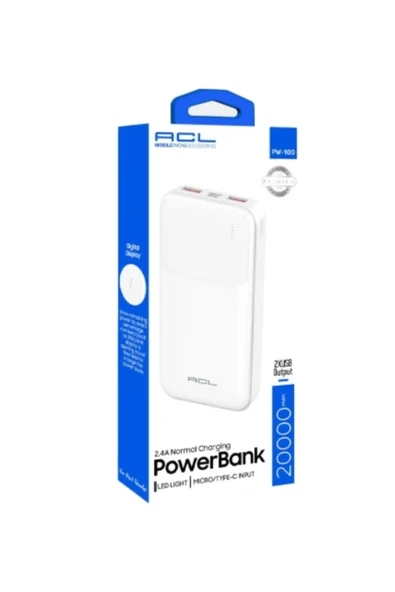 Acl 2xUSB Çıkışlı 2.4A, Led Işıklı Mikro, Type-C Girişli PowerBank PW-99