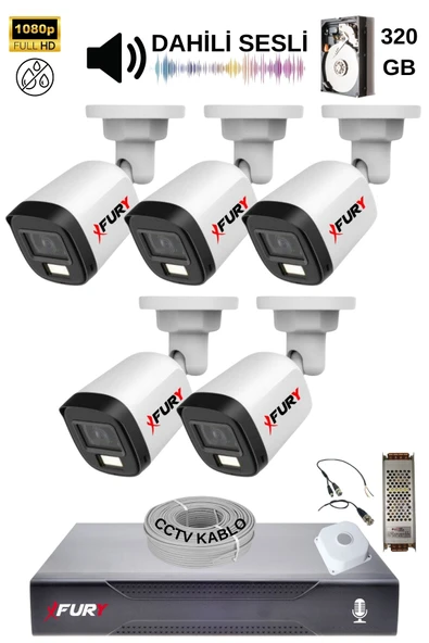 FURY 5 Kamera Sesli Gece Renkli Güvenlik Kamerası Full Hd-su Geçirmez Güvenlik Kamerası Seti 320GB - Resim 2