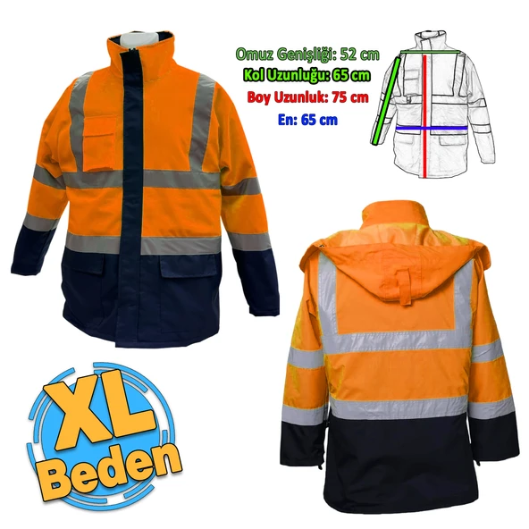 Cepli Reflektif XL Beden Fosforlu Fermuarlı Kaban Kapüşonlu Parka Turuncu Lacivert Kaban İşçi Parkası