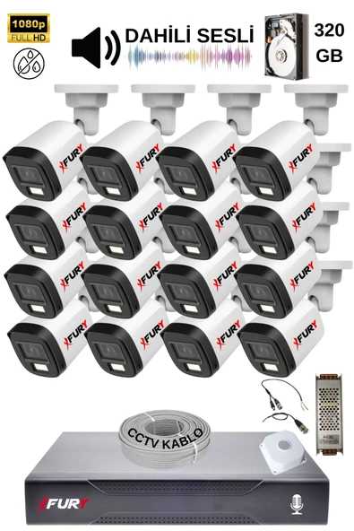 FURY 16 Kamera Sesli Gece Renkli Güvenlik Kamerası Full Hd-su Geçirmez Güvenlik Kamerası Seti 320GB - Resim 2