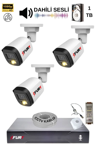 FURY 3 Kamera Sesli Gece Renkli Güvenlik Kamerası Full Hd-su Geçirmez Güvenlik Kamerası Seti 1tb ürün görseli