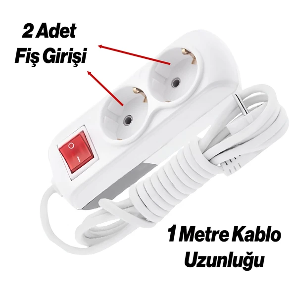 Grup Priz Fiş Çoğaltıcı 1 Metre Topraklı Anahtarlı Düğmeli Çoklu Kablolu 2'li Asmalı Uzatma - Resim 2
