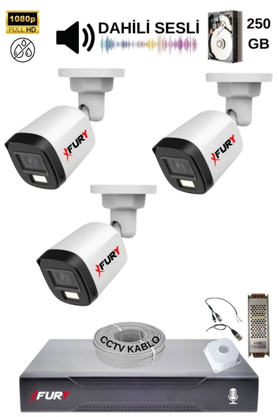 FURY 3 Kamera Sesli Gece Renkli Güvenlik Kamerası Full Hd-su Geçirmez Güvenlik Kamerası Seti 250gb - Resim 2