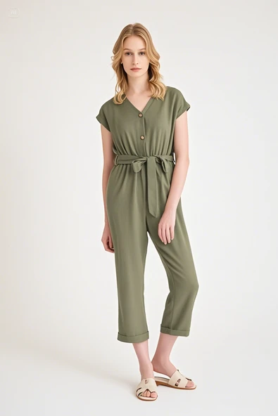 Keten Kadın V Yaka Tek Sıra Düğmeli Kolsuz Tulum ürün görseli