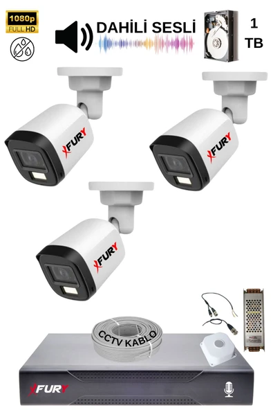 FURY 3 Kamera Sesli Gece Renkli Güvenlik Kamerası Full Hd-su Geçirmez Güvenlik Kamerası Seti 1tb - Resim 2