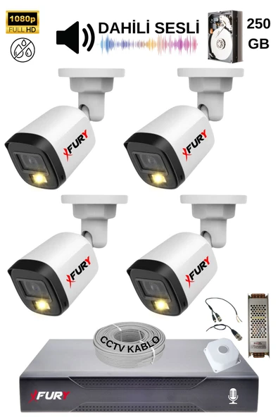 FURY 4 Kamera Sesli Gece Renkli Güvenlik Kamerası Full Hd-su Geçirmez Güvenlik Kamerası Seti 250gb ürün görseli