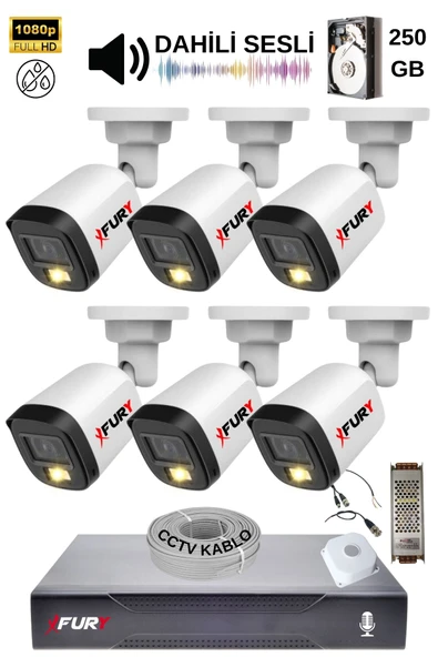 FURY 6 Kamera Sesli Gece Renkli Güvenlik Kamerası Full Hd-su Geçirmez Güvenlik Kamerası Seti 250GB