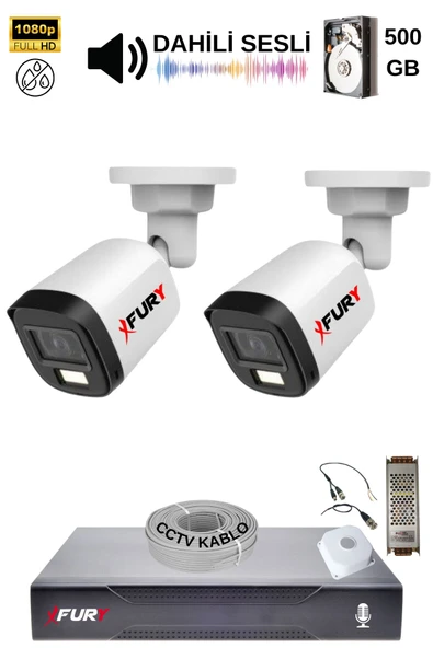 FURY 2 Kamera Sesli Gece Renkli Güvenlik Kamerası Full Hd-su Geçirmez Güvenlik Kamerası Seti 500gb - Resim 2