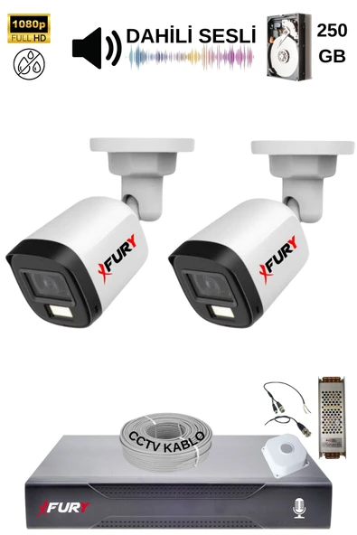 FURY 2 Kamera Sesli Gece Renkli Güvenlik Kamerası Full Hd-Su Geçirmez Güvenlik Kamerası Seti 250GB - Resim 2