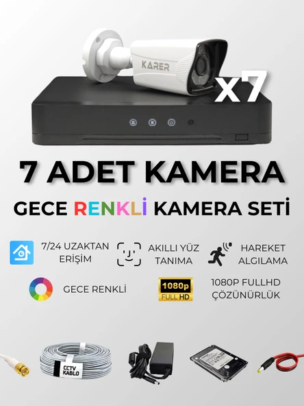 KARER 7'Lİ HER ŞEY DAHİL TAK ÇALIŞTIR HAZIR SET - 5MP LENSLİ, GECE RENKLİ GÖRÜŞ, YÜZ TANIMA, HAREKET ALGILAMA