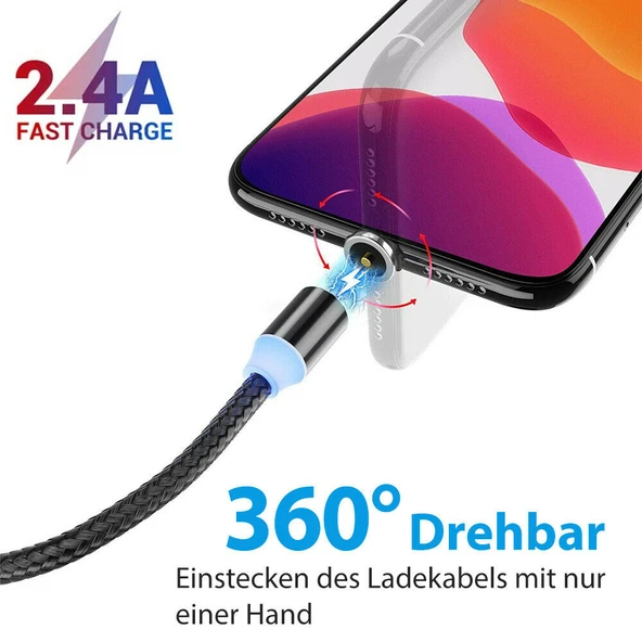 3'ü 1 Arada Manyetik Şarj Kablosu Seti iPhone iPad Samsung USB-C & Lightning 2.4A 100cm Siyah - 4