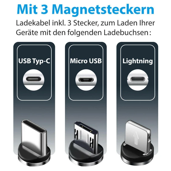 3'ü 1 Arada Manyetik Şarj Kablosu Seti iPhone iPad Samsung USB-C & Lightning 2.4A 100cm Siyah - 5
