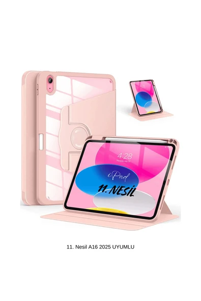 iPad 11. Nesil A16 2025 Uyumlu 360° Dönebilen Yatay Dikey Standlı Fuchsia Pino Tablet Kılıfı - Resim 8