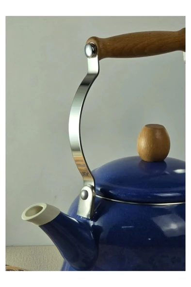Vintage Ahşap Saplı Emaye Demlik Kettle 2,5Lt Mavi KR072-C - 3